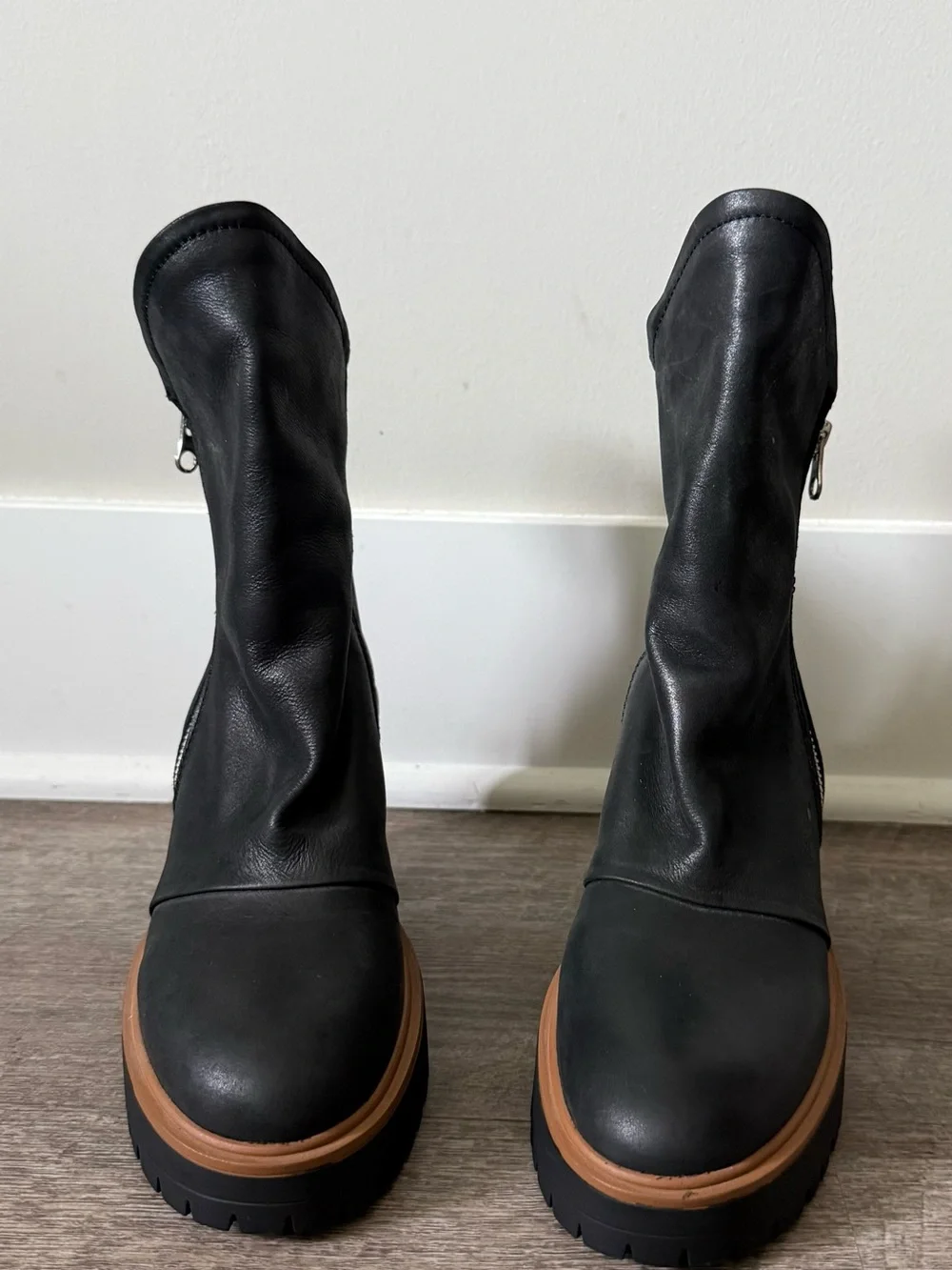 Free People Black Leather Zip Platform Ankle Boots with Tan Trim